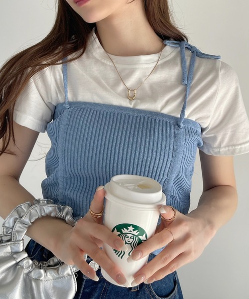 Ada.（エイダ）の「ラメ リブニット 肩リボン シャーリングデザイン キャミ ビスチェ（ベスト・レディース・ベージュ/ライトブルー/グレー・FREE）」の19枚目の写真