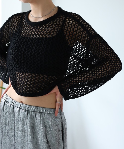 LAFFMO（ラフモ）の「ゆるメッシュ透かし編みプルオーバー（ニット/セーター・レディース・アイボリー/ブラック/ピンク/レインボー・F）」の12枚目の写真