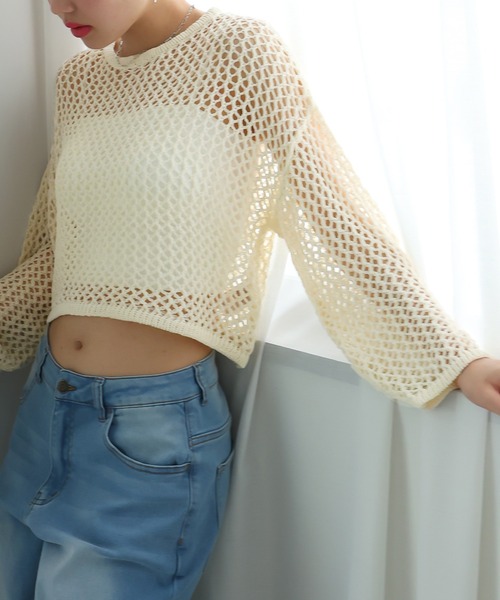 LAFFMO（ラフモ）の「ゆるメッシュ透かし編みプルオーバー（ニット/セーター・レディース・アイボリー/ブラック/ピンク/レインボー・F）」の5枚目の写真