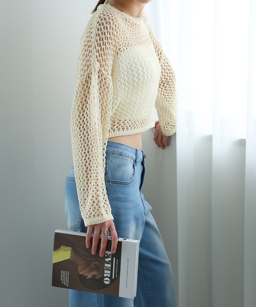 LAFFMO（ラフモ）の「ゆるメッシュ透かし編みプルオーバー（ニット/セーター・レディース・アイボリー/ブラック/ピンク/レインボー・F）」の6枚目の写真