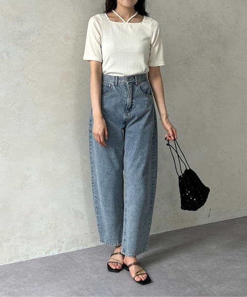 Thevon(ゼボン)の「ランダムリブホルターネック5分袖プルオーバー(Tシャツ/カットソー・レディース・アイボリー/ブラック/グリーン・FREE)」の7枚目の写真