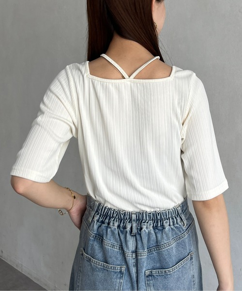 Thevon(ゼボン)の「ランダムリブホルターネック5分袖プルオーバー(Tシャツ/カットソー・レディース・アイボリー/ブラック/グリーン・FREE)」の10枚目の写真