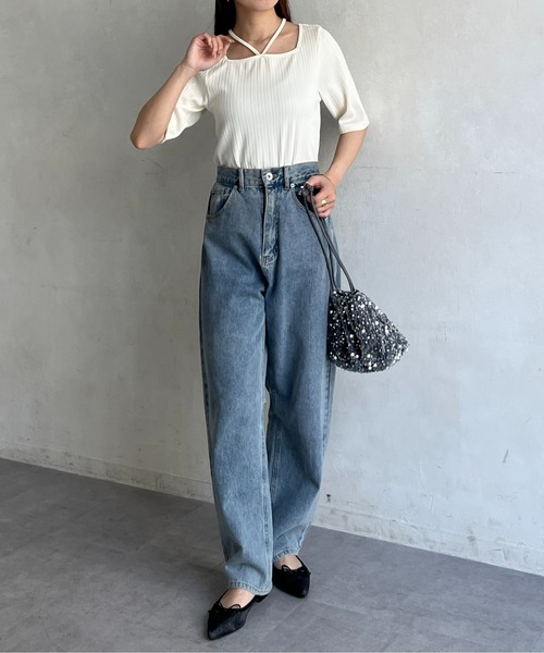 Thevon(ゼボン)の「ランダムリブホルターネック5分袖プルオーバー(Tシャツ/カットソー・レディース・アイボリー/ブラック/グリーン・FREE)」の11枚目の写真