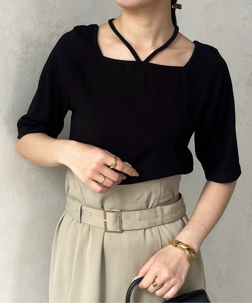 Thevon(ゼボン)の「ランダムリブホルターネック5分袖プルオーバー(Tシャツ/カットソー・レディース・アイボリー/ブラック/グリーン・FREE)」の13枚目の写真