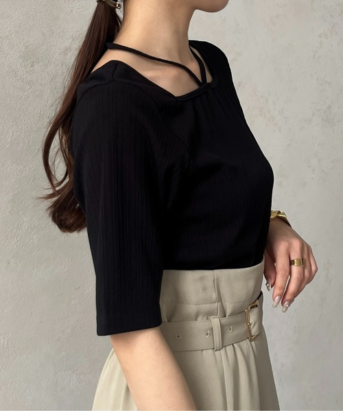 Thevon(ゼボン)の「ランダムリブホルターネック5分袖プルオーバー(Tシャツ/カットソー・レディース・アイボリー/ブラック/グリーン・FREE)」の15枚目の写真