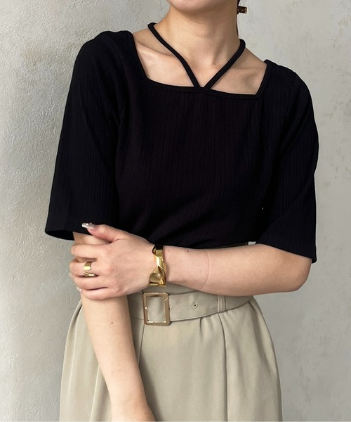 Thevon(ゼボン)の「ランダムリブホルターネック5分袖プルオーバー(Tシャツ/カットソー・レディース・アイボリー/ブラック/グリーン・FREE)」の17枚目の写真