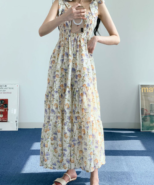 VIVID LADY（ビビッドレディー）の「フラワー柄肩リボンキャミソールワンピース 韓国 春夏（ワンピース・レディース・イエロー/ブルー/ピンク・FREE）」の4枚目の写真
