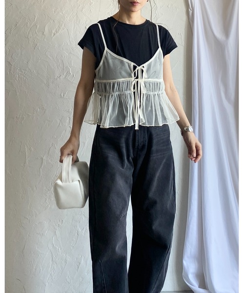 She's Closet(シーズクローゼット)の「2WAYショート丈フロントリボンシースルー/シアーチュールビスチェキャミソール(キャミソール・レディース・ダークグレー/チャコールグレー/アイボリー・FREE)」の7枚目の写真