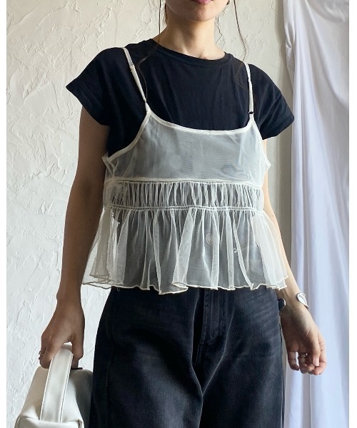 She's Closet(シーズクローゼット)の「2WAYショート丈フロントリボンシースルー/シアーチュールビスチェキャミソール(キャミソール・レディース・ダークグレー/チャコールグレー/アイボリー・FREE)」の8枚目の写真