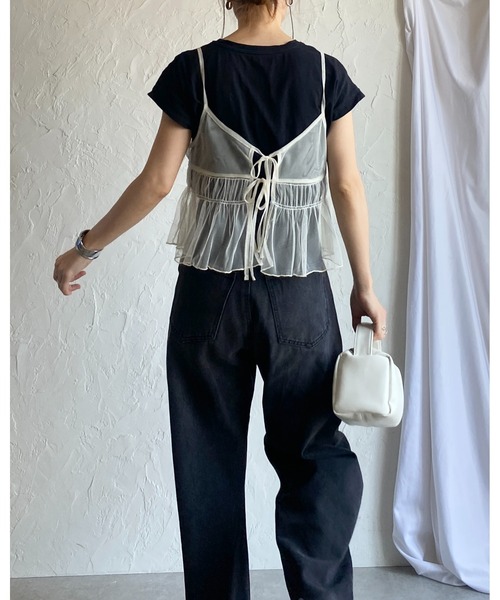 She's Closet(シーズクローゼット)の「2WAYショート丈フロントリボンシースルー/シアーチュールビスチェキャミソール(キャミソール・レディース・ダークグレー/チャコールグレー/アイボリー・FREE)」の9枚目の写真