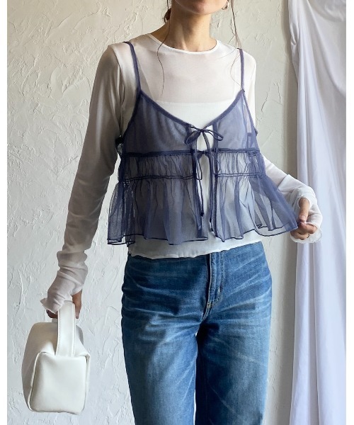 She's Closet(シーズクローゼット)の「2WAYショート丈フロントリボンシースルー/シアーチュールビスチェキャミソール(キャミソール・レディース・ダークグレー/チャコールグレー/アイボリー・FREE)」の10枚目の写真