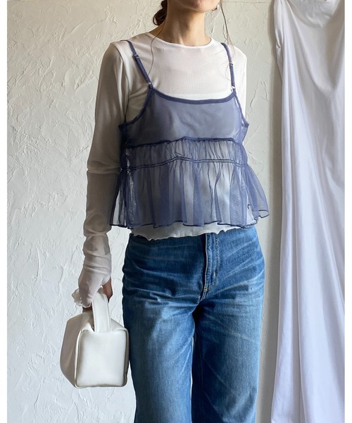 She's Closet(シーズクローゼット)の「2WAYショート丈フロントリボンシースルー/シアーチュールビスチェキャミソール(キャミソール・レディース・ダークグレー/チャコールグレー/アイボリー・FREE)」の11枚目の写真