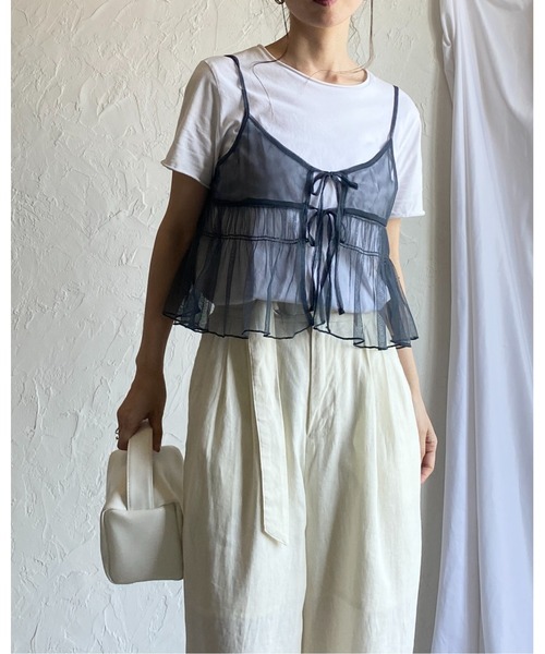 She's Closet(シーズクローゼット)の「2WAYショート丈フロントリボンシースルー/シアーチュールビスチェキャミソール(キャミソール・レディース・ダークグレー/チャコールグレー/アイボリー・FREE)」の14枚目の写真