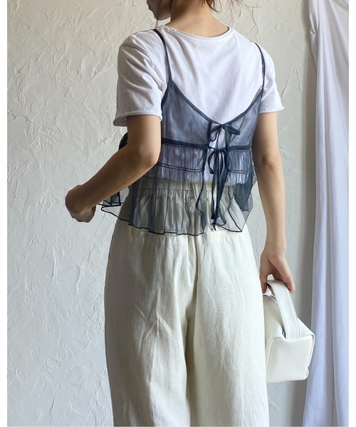 She's Closet(シーズクローゼット)の「2WAYショート丈フロントリボンシースルー/シアーチュールビスチェキャミソール(キャミソール・レディース・ダークグレー/チャコールグレー/アイボリー・FREE)」の19枚目の写真
