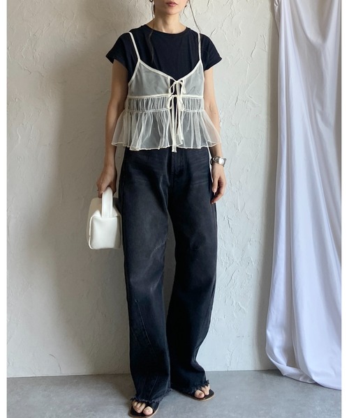 She's Closet(シーズクローゼット)の「2WAYショート丈フロントリボンシースルー/シアーチュールビスチェキャミソール(キャミソール・レディース・ダークグレー/チャコールグレー/アイボリー・FREE)」の21枚目の写真
