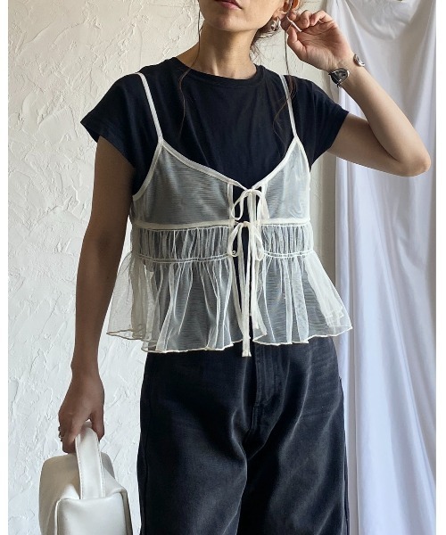 SIIILON シースルー フリルリボンビスチェ セール】2WAYショート丈フロントリボンシースルー/シアー