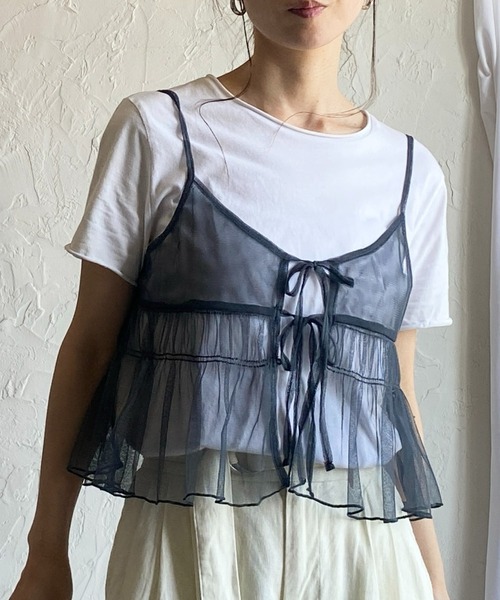 D&Gドルチェ＆ガッバーナ ヴィンテージ シースルーキャミソール レース リボン セール】2WAYショート丈フロントリボンシースルー/シアーチュール