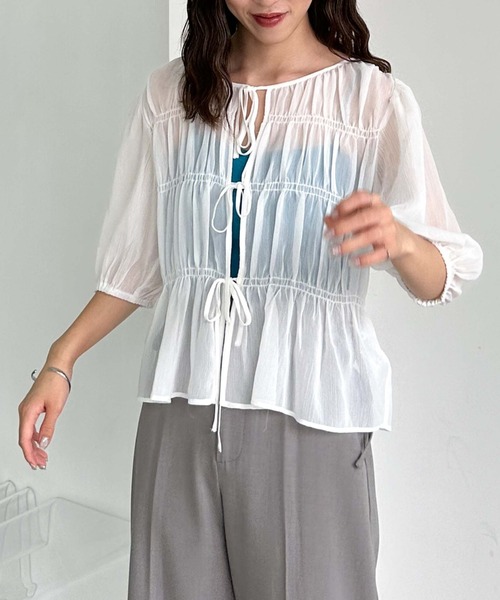 archives（アルシーヴ）の「シャーリングリボン楊柳ブラウス（シャツ/ブラウス・レディース・ブラック/アイボリー/ピンクベージュ/モカ・MEDIUM）」の9枚目の写真