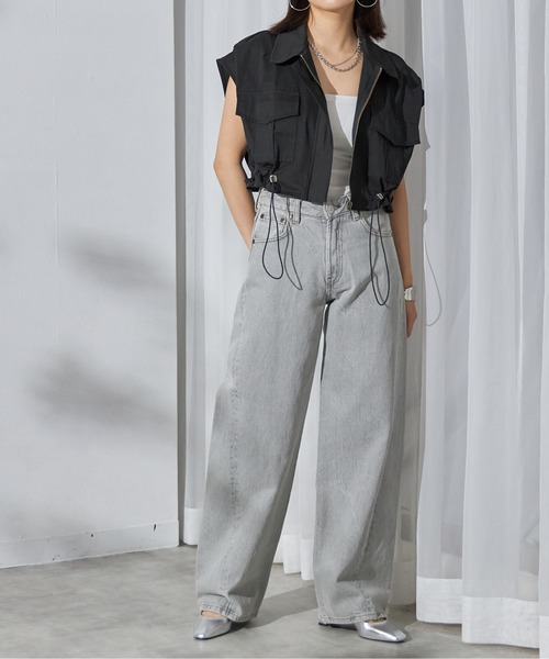 紅花でベスト セットアップ可能】スタンドカラーフロントジップドロストベスト