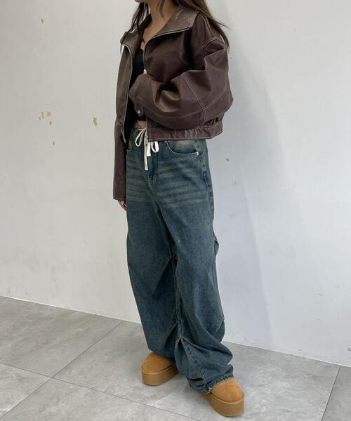 DISPARK/配色ステッチWZIPショートブルゾン（ライダースジャケット