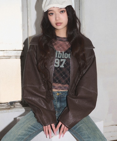 DISPARK/配色ステッチWZIPショートブルゾン（ライダースジャケット