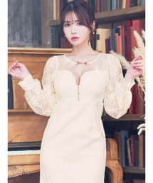 胸元を綺麗魅せする 上品なレース 谷間ジップ × 二の腕カバー タイト ミニドレス ツイードバックル フロントジップ 長袖レース タイト ミニドレス