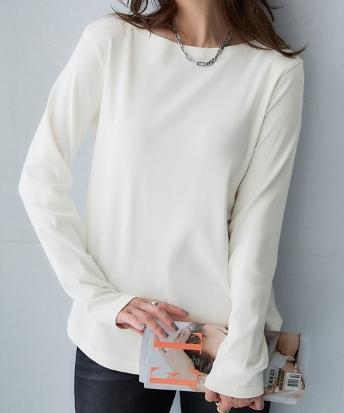 nissen（ニッセン）の「ＵＶカット綿１００％フライス素材ボートネック長袖Tシャツ（Tシャツ/カットソー・レディース・ブラック/チャコール/ライトグレー/グリーン/グリーン系その他/ブルー/ワイン/グリーン系その他2/オフホワイト・S/LL/L/M/3L）」の12枚目の写真