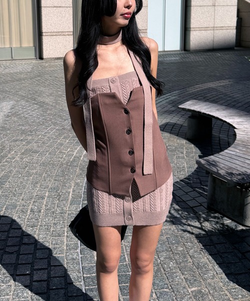 SPIRALGIRL（スパイラルガール）の「ケーブル編みリブベアワンピース×デザインビスチェ（ワンピース・レディース・グレー/ベージュ・FREE）」の5枚目の写真