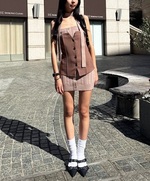 SPIRALGIRL（スパイラルガール）の「ケーブル編みリブベアワンピース×デザインビスチェ（ワンピース・レディース・グレー/ベージュ・FREE）」の7枚目の写真