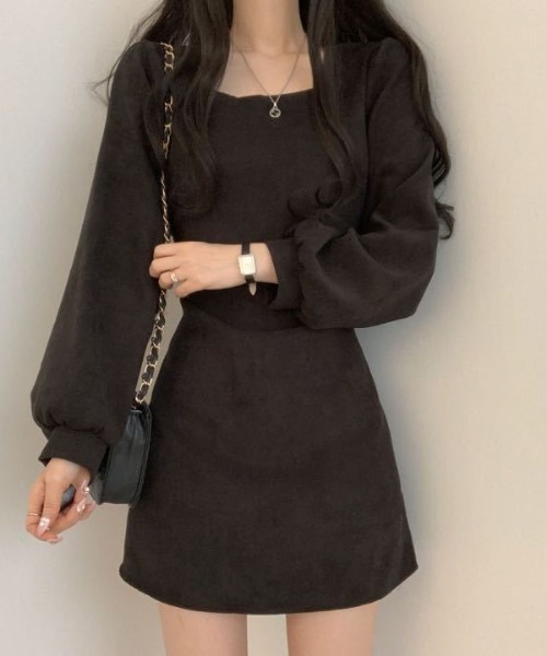 gossip!ロサンゼルス(ゴシップロサンゼルス)の「クラシックスクエアネックパフスリーブオフィスカジュアルミニワンピース(ワンピース・レディース・ブラウン/ブラック・L/M)」の2枚目の写真