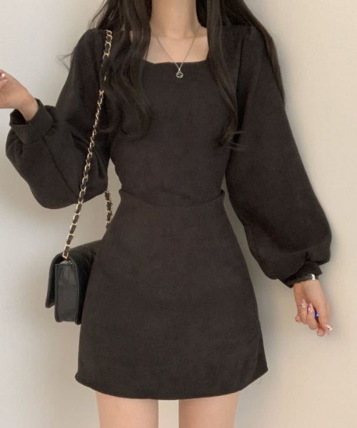 gossip!ロサンゼルス(ゴシップロサンゼルス)の「クラシックスクエアネックパフスリーブオフィスカジュアルミニワンピース(ワンピース・レディース・ブラウン/ブラック・L/M)」の6枚目の写真