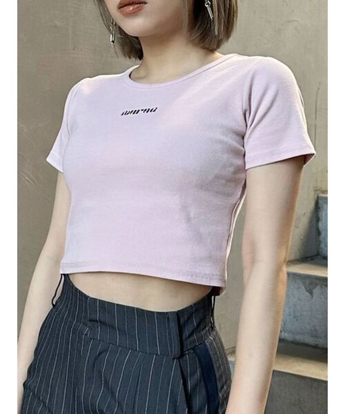 MURUA（ムルーア）の「テレコロゴクロップドT（Tシャツ/カットソー・レディース・ホワイト/ピンク/モカ/ブラック/ブルー・FREE）」の5枚目の写真
