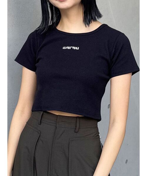 MURUA（ムルーア）の「テレコロゴクロップドT（Tシャツ/カットソー・レディース・ホワイト/ピンク/モカ/ブラック/ブルー・FREE）」の3枚目の写真