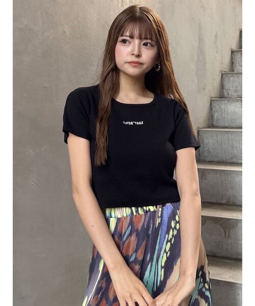 MURUA（ムルーア）の「テレコロゴクロップドT（Tシャツ/カットソー・レディース・ホワイト/ピンク/モカ/ブラック/ブルー・FREE）」の9枚目の写真