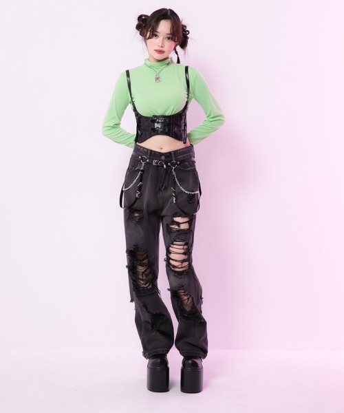 Diable baiser（ディアブルベーゼ）の「選べるタイプハイネッククロップド丈長袖カットソートップス【大きいサイズ有】（Tシャツ/カットソー・レディース・ブラック/グリーン/ホワイト・SMALL/3L/LL/LARGE/MEDIUM）」の15枚目の写真