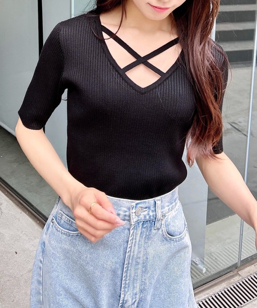 INGNI(イング)の「クロスチョーカーリブニット(ニット/セーター・レディース・グレー/オフホワイト/ブラック/サックスブルー/イエロー・M)」の14枚目の写真