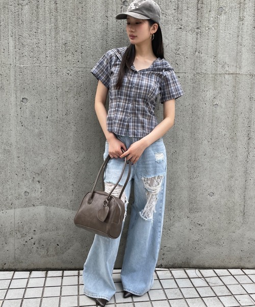 FOREVER 21（フォーエバー トゥエンティーワン）の「【2025SS】チェックフーディコンパクト半袖シャツ（シャツ/ブラウス・レディース・ブルー/ブラウン/イエロー・FREE）」の14枚目の写真