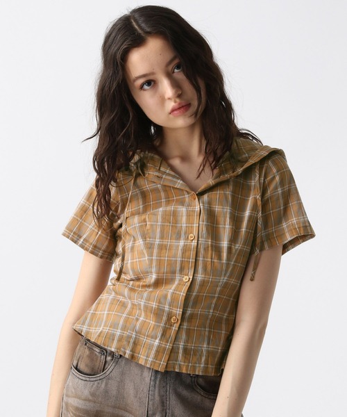 FOREVER 21（フォーエバー トゥエンティーワン）の「【2025SS】チェックフーディコンパクト半袖シャツ（シャツ/ブラウス・レディース・ブルー/ブラウン/イエロー・FREE）」の7枚目の写真