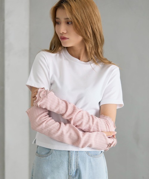 tutuanna（チュチュアンナ）の「UVカット接触冷感タック編み2段メローリボン付きアームカバー50cm（アームカバー・レディース・ブラック/オフホワイト/ミント/ピンク/サンドベージュ/ラベンダー/ピンク系その他7・フリー）」の7枚目の写真