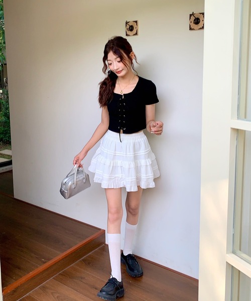 Girly Doll(ガーリードール)の「レースアップ半袖カットソー(Tシャツ/カットソー・レディース・ホワイト/ブラック・FREE)」の12枚目の写真