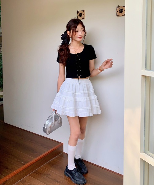 Girly Doll(ガーリードール)の「レースアップ半袖カットソー(Tシャツ/カットソー・レディース・ホワイト/ブラック・FREE)」の13枚目の写真