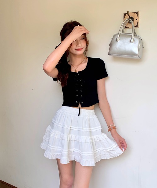 Girly Doll(ガーリードール)の「レースアップ半袖カットソー(Tシャツ/カットソー・レディース・ホワイト/ブラック・FREE)」の15枚目の写真