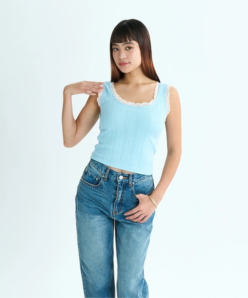 レース付きタンクトップ ブルー ROXY（ロキシー）の「SUMMER DAY /ロキシーリブレースタンク