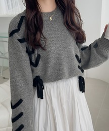 【mily bilet】リボンで魅せる大人ガーリー。リボンデザインミックスニットプルオーバー
