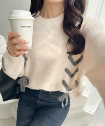 【mily bilet】リボンで魅せる大人ガーリー。リボンデザインミックスニットプルオーバー