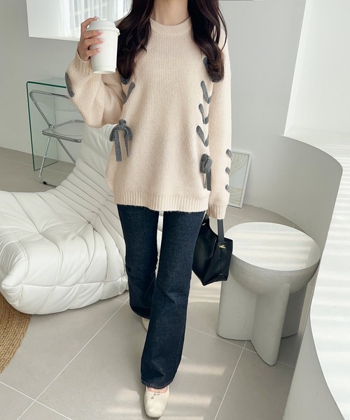 mily bilet(ミウィビレット)の「【mily bilet】リボンで魅せる大人ガーリー。リボンデザインミックスニットプルオーバー(ニット/セーター・レディース・チャコールグレー/ブラウン/アイボリー/モカ・X-LARGE/SMALL/MEDIUM/LARGE)」の8枚目の写真