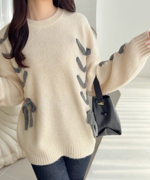 mily bilet(ミウィビレット)の「【mily bilet】リボンで魅せる大人ガーリー。リボンデザインミックスニットプルオーバー(ニット/セーター・レディース・チャコールグレー/ブラウン/アイボリー/モカ・X-LARGE/SMALL/MEDIUM/LARGE)」の11枚目の写真