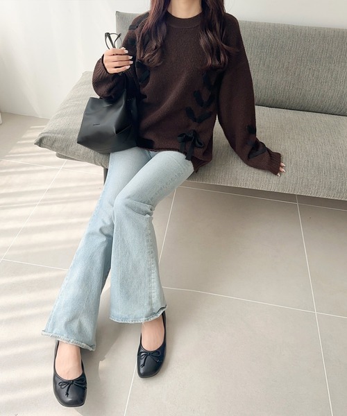 mily bilet(ミウィビレット)の「【mily bilet】リボンで魅せる大人ガーリー。リボンデザインミックスニットプルオーバー(ニット/セーター・レディース・チャコールグレー/ブラウン/アイボリー/モカ・X-LARGE/SMALL/MEDIUM/LARGE)」の16枚目の写真