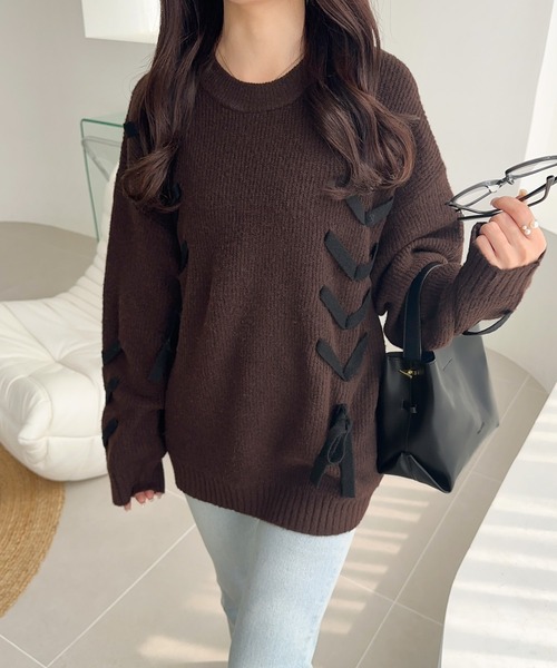 mily bilet(ミウィビレット)の「【mily bilet】リボンで魅せる大人ガーリー。リボンデザインミックスニットプルオーバー(ニット/セーター・レディース・チャコールグレー/ブラウン/アイボリー/モカ・X-LARGE/SMALL/MEDIUM/LARGE)」の18枚目の写真