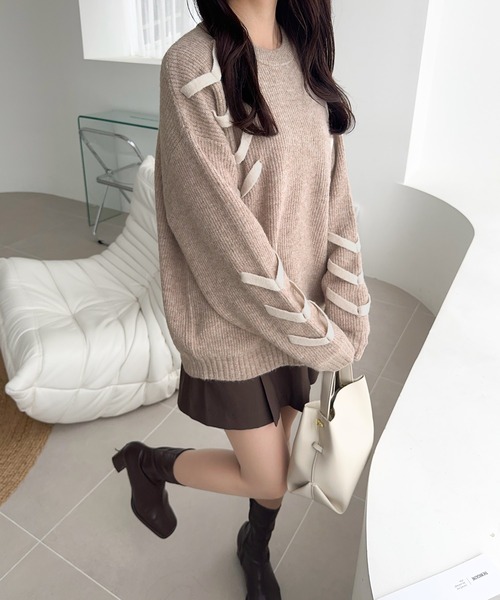 mily bilet(ミウィビレット)の「【mily bilet】リボンで魅せる大人ガーリー。リボンデザインミックスニットプルオーバー(ニット/セーター・レディース・チャコールグレー/ブラウン/アイボリー/モカ・X-LARGE/SMALL/MEDIUM/LARGE)」の20枚目の写真